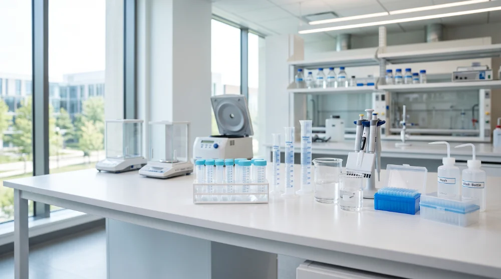Laboratorní stůl s váhami, centrifugou, pipetami a spotřebním materiálem